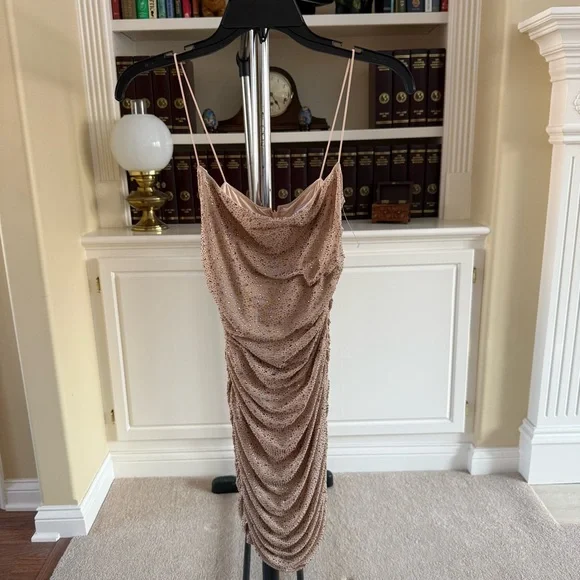 OH POLLY In the Spotlight" Ruched Mesh Embellished Mini Dress in Gold - Picture 2 of 5